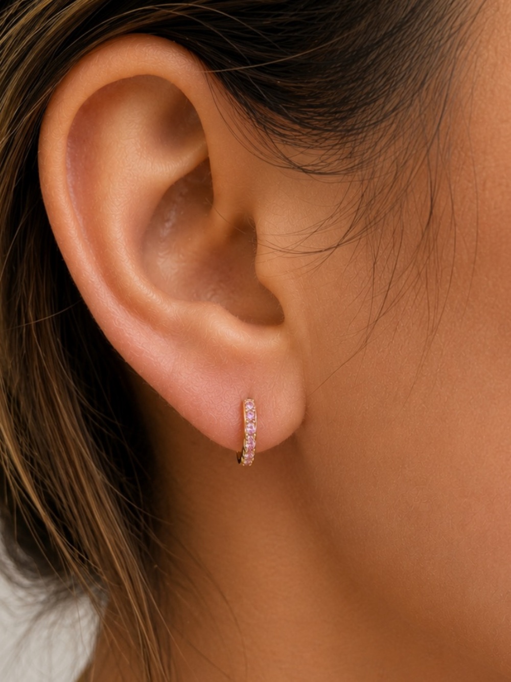 Pink Crystal Huggie Earrings in Gold Tone